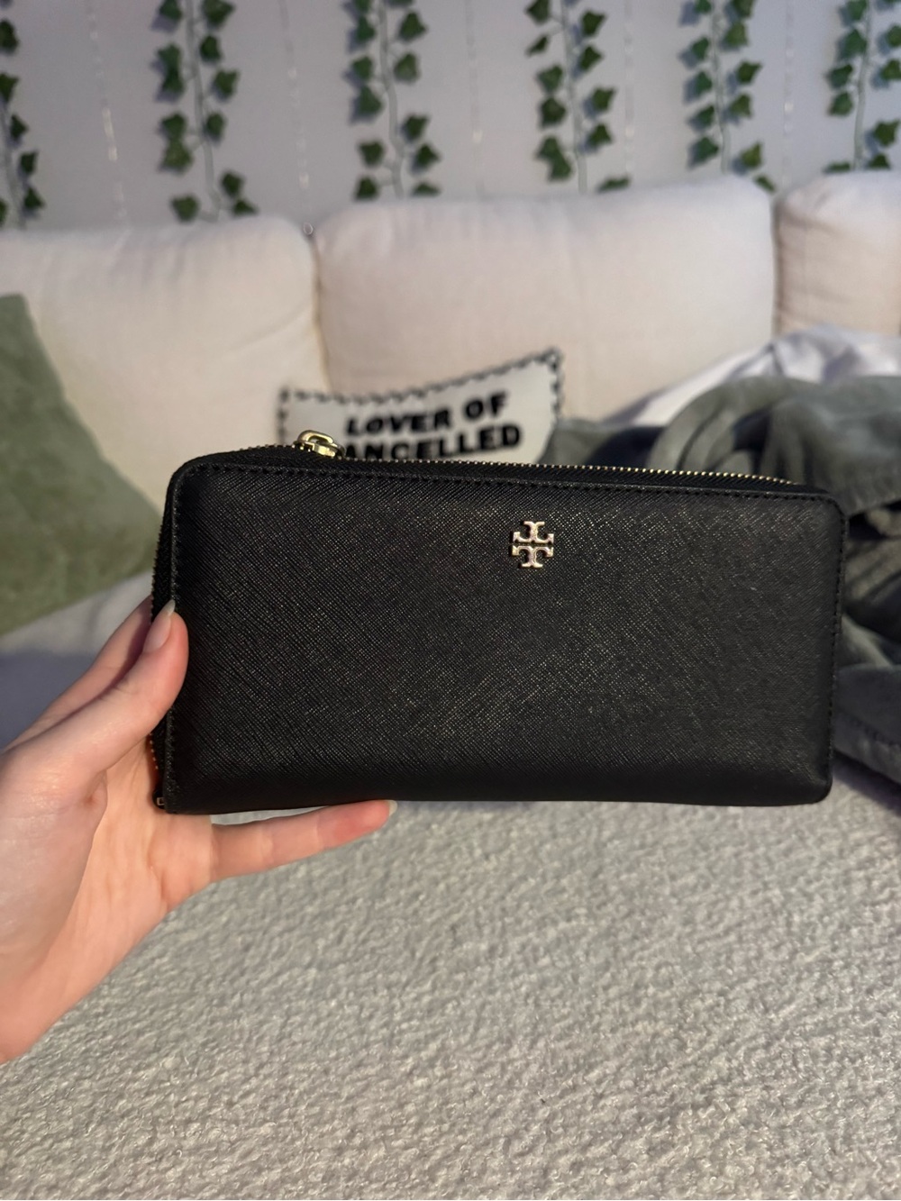 Tory Burch Black Zip-Around Continental Wallet with Gold Logo